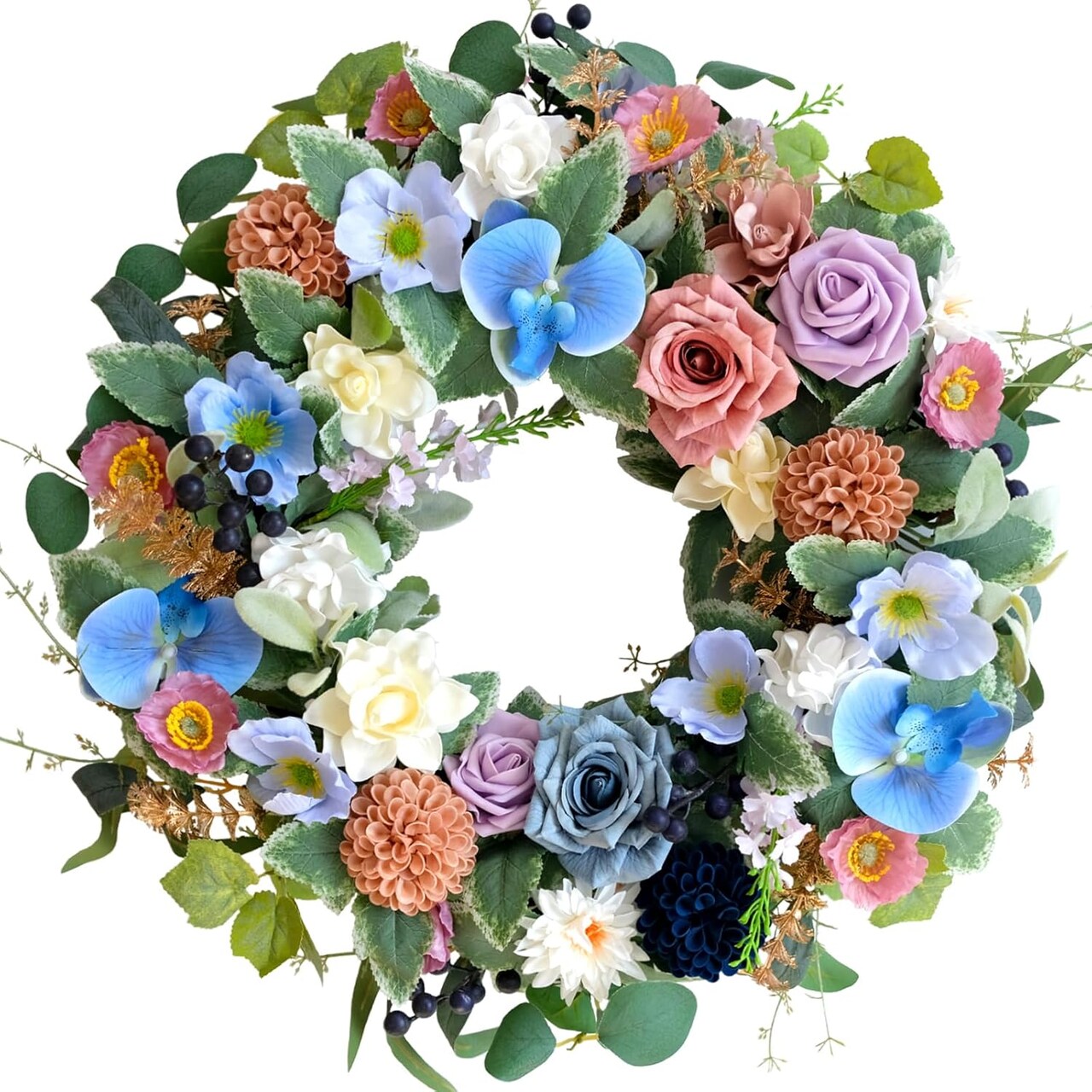 22" Spring & Summer Wreath – Blue Phalaenopsis, Rose, and Green Leaf Wreath for Front Door, Porch, and Patio Decor